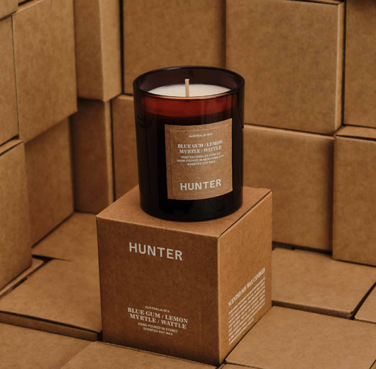 Hunter candles are uniquely fragraced soy wax candles with 45+ hours burn time. Choose a favourite fragrance. Packaged in dark brown glass with kraft labelling.